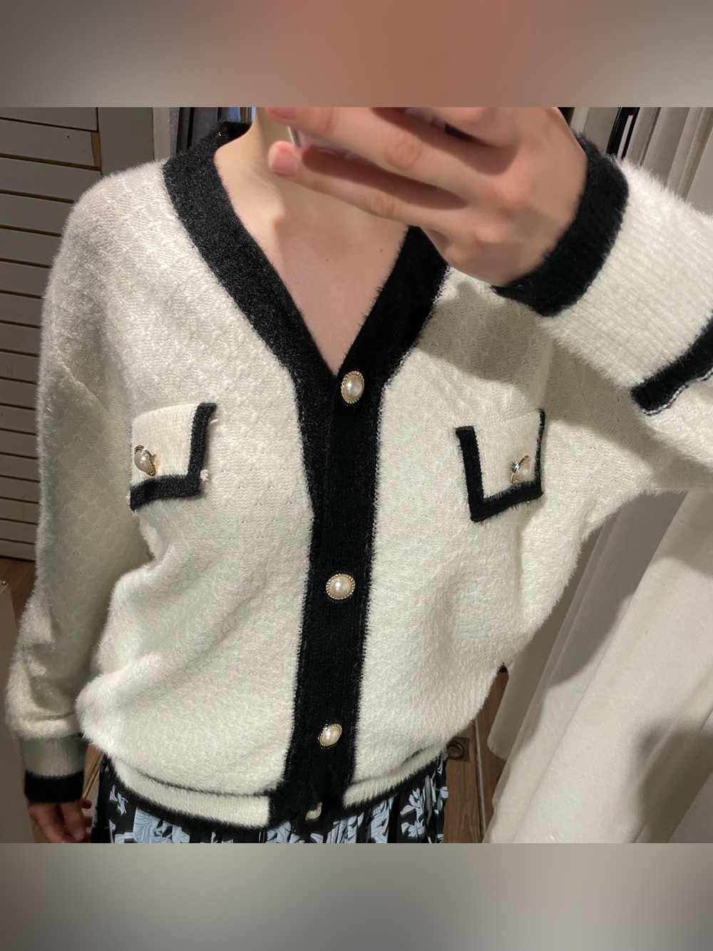Ivory Knit Cardigan with Black Trim and Pearl Buttons - Picture 3 of 4
